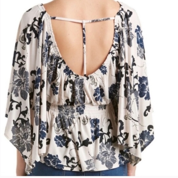 Free People Floral Blouse in Blue and White - Picture 2 of 2